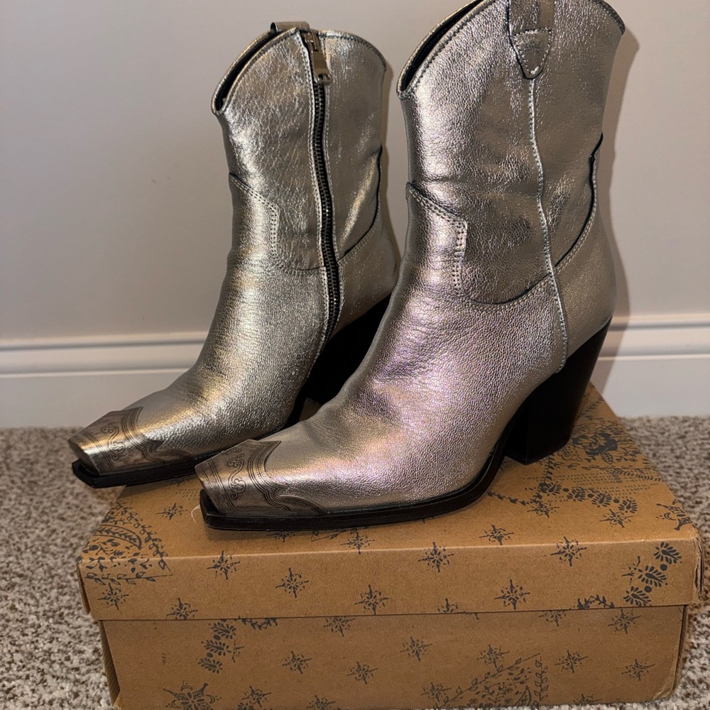 Free People Metallic Silver Heeled Boots